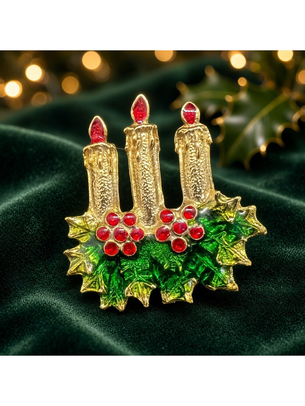 Vintage Christmas Candles Brooch Holly Berry Holiday Pin Gold Rhinestone